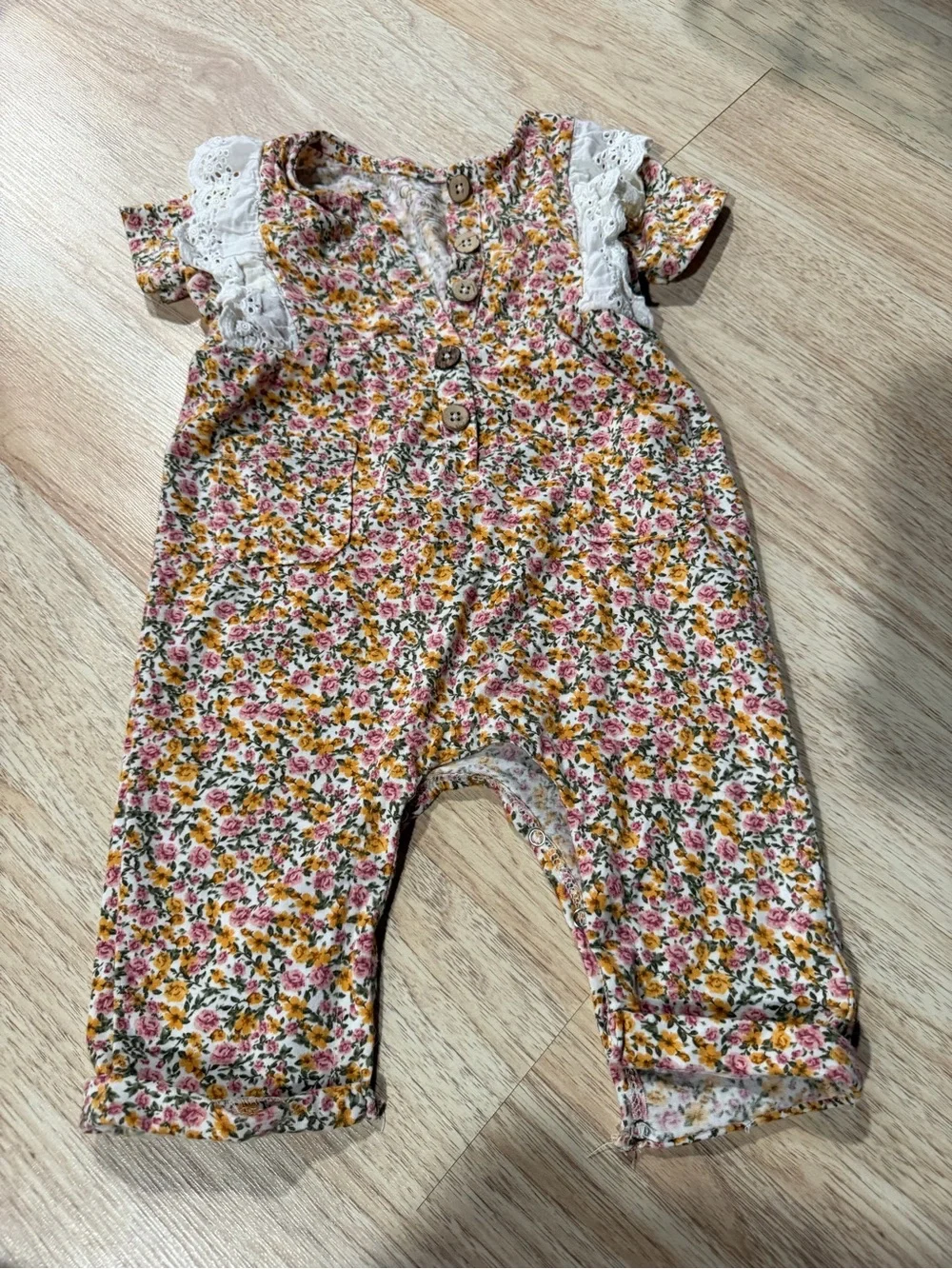 Jessica Simpson Pink and Yellow Floral Lace-Trim Baby Romper